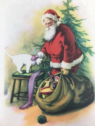 C.  1921 Santa Claus Petting White Cat Christmas Postcard Bag Toys