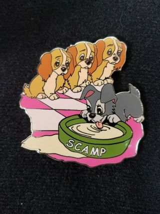 Authentic Disney Pin Le 500 Lady & The Tramp Scamp And Puppies With Water Bowl