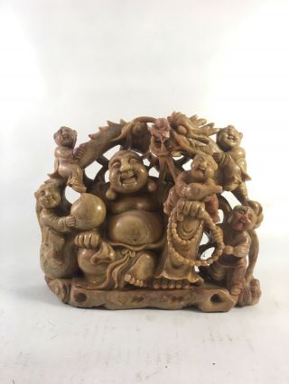 Fine Heavy Vintage Chinese Hand Carved Stone Happy Buddha,  Children Statue