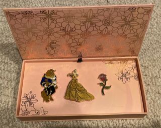 Disney Art Of Belle Pin Set Of 3 W/beast / Rose Limited Edition Of 1300