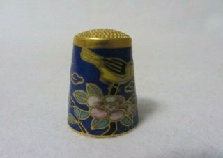 Vintage Hand Painted Yellow Bird & Flowers Blue Inside Gold Top Metal Thimble