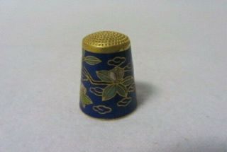 VINTAGE HAND PAINTED YELLOW BIRD & FLOWERS BLUE INSIDE GOLD TOP METAL THIMBLE 2