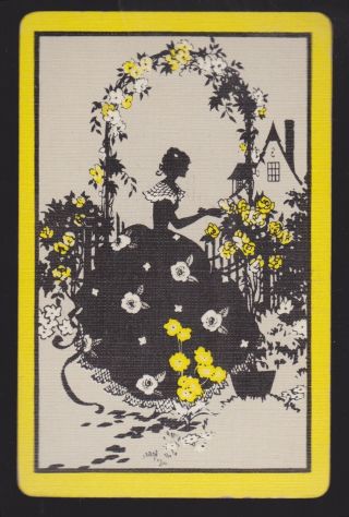1 Single Vintage Swap/playing Card Lady In Garden Flower Arch Silhouette