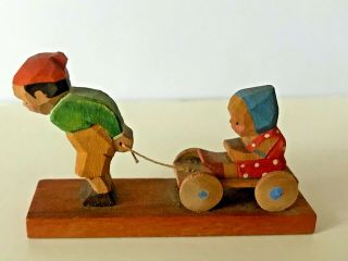 Vintage German Erzgebirge Carved Wood Boy Girl Wagon