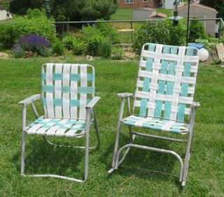 2 Vintage Matching Aluminum Folding Webbed Lawn Arm Rocker Rocking Chair
