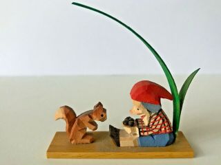 Vintage German Erzgebirge Carved Wood Gnome / Zwerg & Squirrel