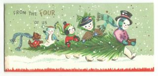 Vintage Sunshine Christmas Greeting Card Four Of Us Snowman Family 1950 