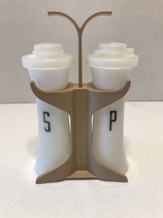 Vintage Tupperware 4 " White Hourglass Salt Pepper Shakers 831 Almond Caddy
