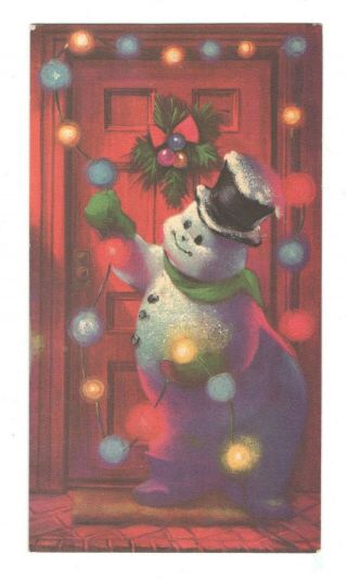 Vintage Norcross Christmas Greeting Card Water Color Snowman Lights Gc6