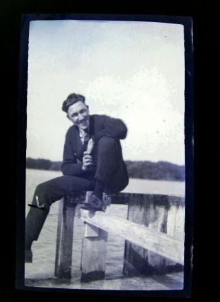 1920s Photo Negative Young Man Sitting Dock Lake Casual Smiling 3.  5 X 5.  6 G
