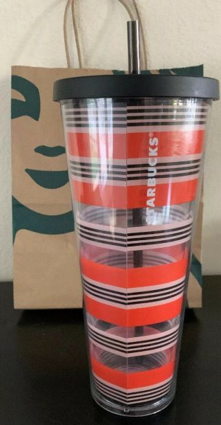 Starbucks ❤️ 2018 Orange Black Stripes Venti Cold Cup Tumbler 24 Fl Oz.  Straw