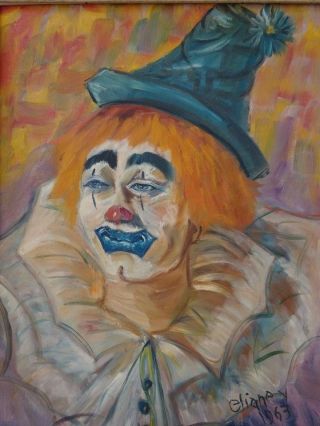 1963 Clown Vintage Oil Painting Signed Framed Modern Art Kids Day