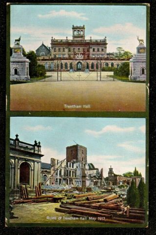 1912 Trentham Hall Before & After Disaster Postcard Stoke On Trent Staffordshire