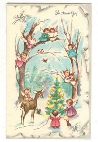 Vintage Christmas Greeting Card Angels In Tree Caroling Decorating Tree Gc1