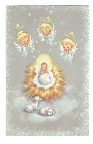 Vintage Christmas Greeting Card Angel Girls Baby Jesus 1950 