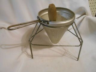 Primitive Metal Ricer Sieve Food Mill Strainer With Stand & Wood Pestle Masher