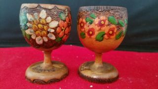 2 Vintage Small Solid Wood Handpainted Floral Egg Cups Approx 2 1/2 " H