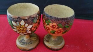 2 vintage Small Solid Wood Handpainted Floral Egg Cups approx 2 1/2 