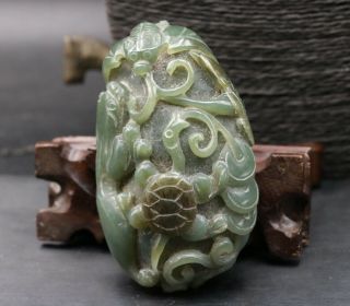 Chinese Vintage Hetian Jade Pi Xiu Sea Turtle Vampire Bat Totem Carving Amulet A