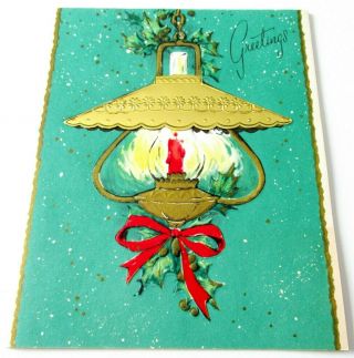 Vintage Christmas Card Gold Foil Candle Lantern W Red Bow Holly On Green