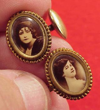 Vintage Antique Photo Picture Frame Mother Daughter Cufflinks Goldtone Rope Edge