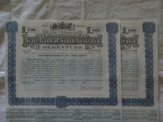 1942 State Bank Of South Australia 2 X 100 Pound Debentures Scrips Consecutive
