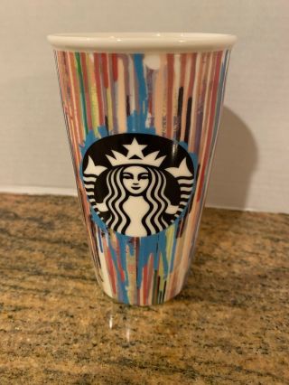 Starbucks 2015 Paint Drip Stripes 12oz Ceramic Travel Tumbler Mug Coffee Painted