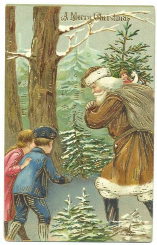 Victorian Brown Robe Santa Claus In Forest With Children Christmas Postcard - M313
