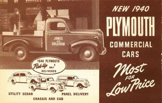 1940 Plymouth Commercial Cars Trucks Advertising Postcard