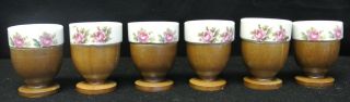 Set of 6 Vintage Egg Cups Ceramic and Wood 1970 ' s Flower Pattern 3