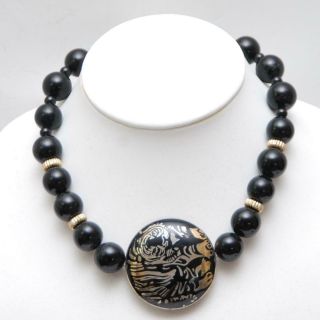 Vintage Necklace_double Sided Large Chinese Metal Bead W/ 15mm Round Onyx Beads