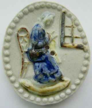 Wonderful Xl Antique Vtg Ceramic Picture Button Woman Knitting In Chair (a)