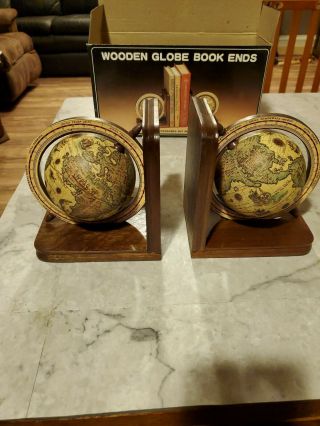 Vintage Globe Book Ends Bookend Old World Rotating Bookends Wooden