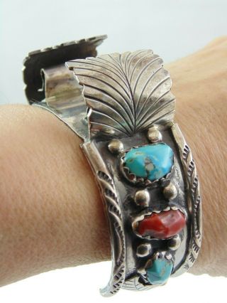 Old Vintage Zuni Penketewa Handmade Watch Cuff Bracelet Sterling Coral Turquoise