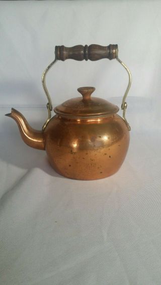 Vintage Tagus Copper Tea Kettle,  Made In Portugal,  R.  52,  Wood Handle