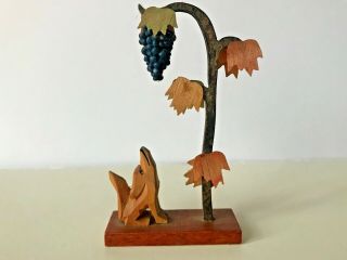 Vintage German Erzgebirge Carved Wood Fox & Grapes