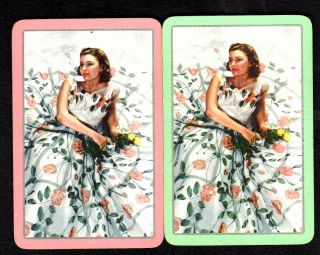 Vintage Swap Cards - Lady With Yellow Roses Pair (linen) (blank Backs)