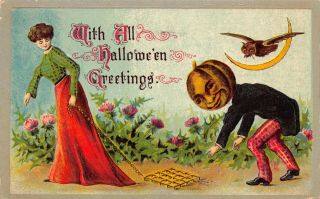 Halloween Postcard Fantasy Pumpkin Jack - O - Lantern Headed Man With Woman 124254