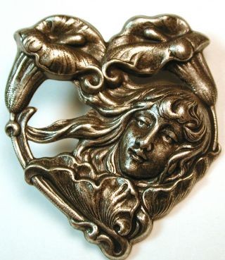 Art Nouveau Silver On Brass Button Woman W Long Hair Heart Shaped - 1 & 5/8 "