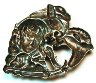 Art Nouveau Silver on Brass Button Woman w Long Hair Heart Shaped - 1 & 5/8 