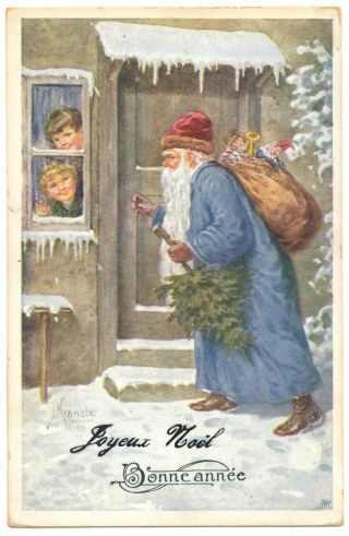 Signed Kranzle Christmas - Children In Window Peek At Santa Claus In Blue Robe