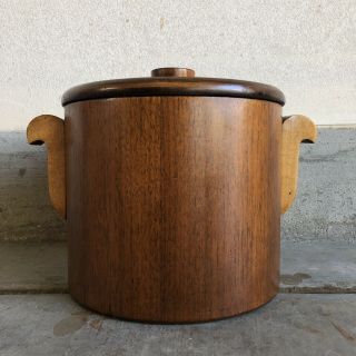 Vintage Thermos Walnut Wood & Glass Ice Bucket With Lid Signed On Bottom Vtg