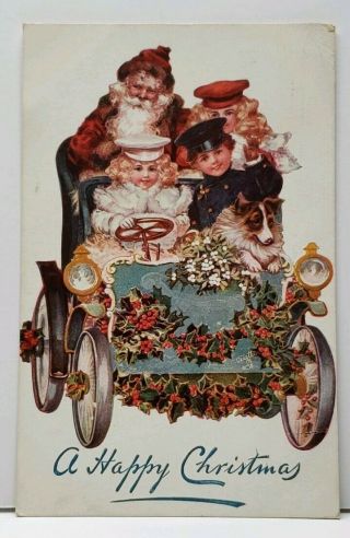 Christmas Tucks Oilette Children & Dog In Car With Santa Claus 1906 Postcard F15