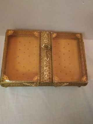Vintage Gold Ornate Jewelry Trinket Box Beveled Glass Lid Brass Lined Divided