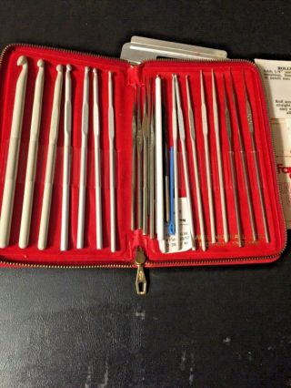 Vintage Pack Of Crochet Needles In A Red Folding Case
