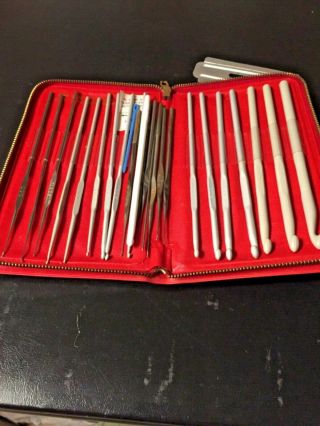 Vintage pack of crochet needles in a red folding case 2