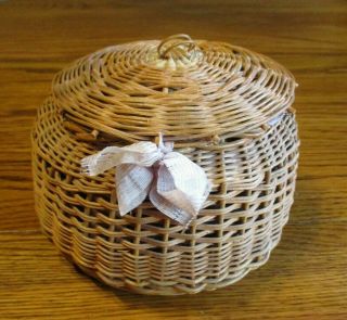 Antique Straw Woven Wicker Sewing Basket Box Purple Silk Lining 6 " Round
