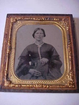 Vintage 1800’s Antique And Ornate Copper Foil Framed Tin Type Photo - Woman Sit