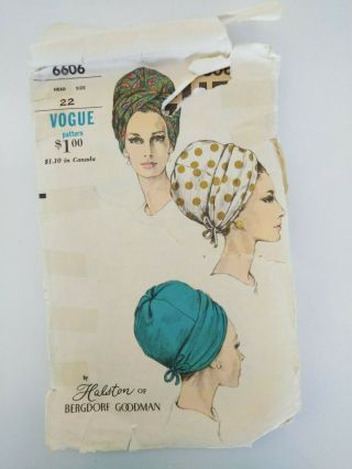 Vintage Vogue 6606 Sewing Pattern Turban Hat 1960s Designer Halston