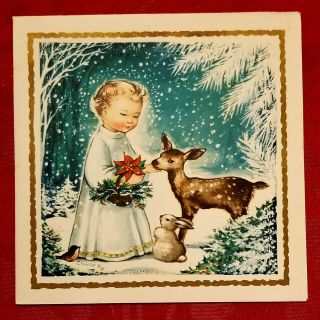 50s - 60s Vintage Antique Christmas Greeting Card Signed Angel Animals Teal